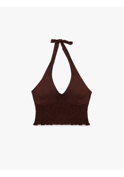 Koton Keten Karışımlı Halter Yaka Boyundan Bağlamalı Gipeli Crop Top Kahverengi 6sal30008ıw Kahve