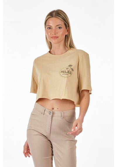 Only Sıfır Yaka Bej Kadın Crop T-shirt 15290663 001