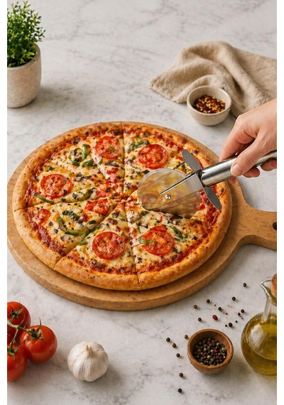 Pizza Kesici Paslanmaz Çelik Metal Saplı Yuvarlak Bıçak Dilimleme Aparatı Ergonomik