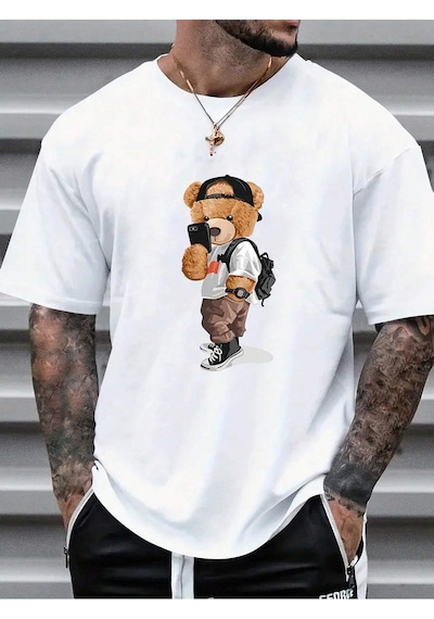 Cool Bear T-shirt - Beyaz Baskılı Oversize Bisiklet Yaka Kısa Kol Tişört Beyaz