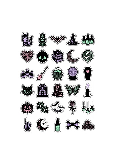 30 Adet Pastel Gotik Cadılar Bayramı Sticker Seti - Laptop Defter Telefon İçin Çok Renkli
