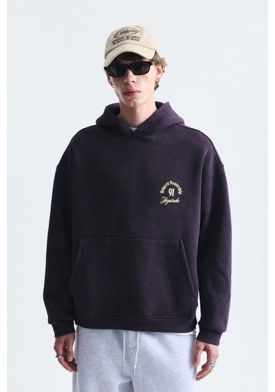Vamos Boxy Fit Yazılı Kapüşonlu Sweatshirt Mürdüm