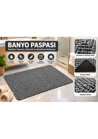 Richmond Banyo Paspası Kaymaz Jel Tabanlı,yıkanabilir Siyah