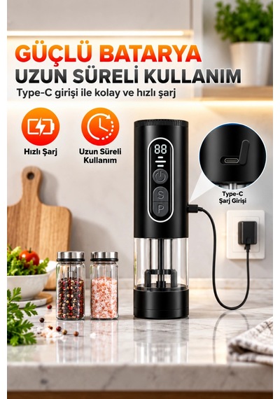 Auhma Ahb-15 Akıllı Led Ekranlı Şarjlı Otomatik Tuz Karabiber Öğütücü 3 Hız Ayarlı Seramik Bıçaklı Siyah
