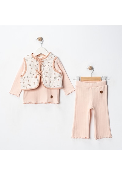 Via Girls Üçlü Yelekli Takım-9728320 - Soft Mercan Çok Renkli
