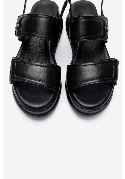 Luvishoes Celeste Siyah Hakiki Deri Cırt Bantlı Kadın Kalın Tabanlı Sandalet