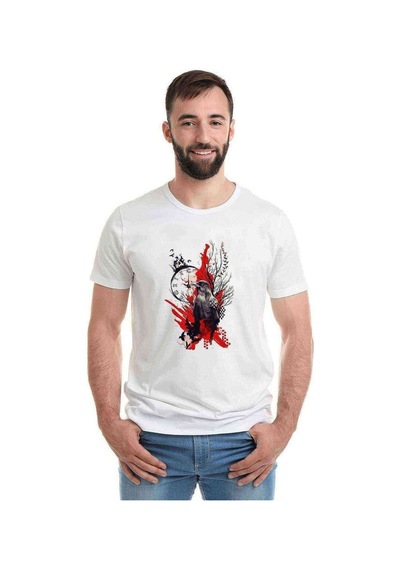 Owl Rose Trash Polka Saat Kuşlar Baskılı Beyaz Erkek Tshirt