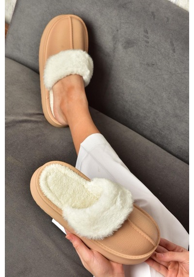 Fox Shoes T918264209 Vizon İçi Peluş Kadın Terlik Vizon