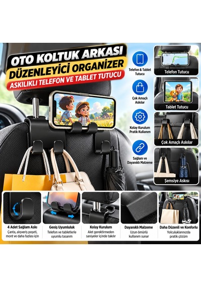 Kahveci.store Oto Koltuk Arkası Düzenleyici Organizer Askılıklı Telefon,tablet Tutucu 22 Standart