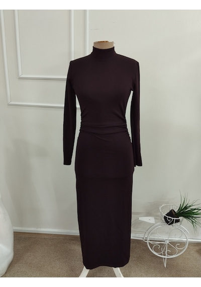 Bhrwear Kadın Uzun Kollu Balıkçı Yakalı Beli Büzgülü Uzun Modal Elbise Renkli