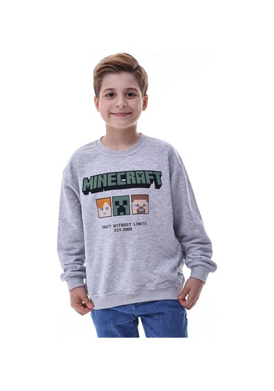 Minecraft Baskılı Erkek Çocuk Sweatshirt Gri Gamer Oyun Temalı Gri