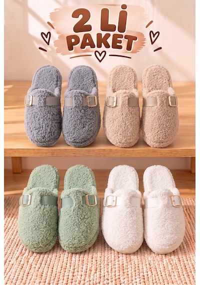Stwenn 2'li Karma Erkek Kadın Avantajlı Paket Peluş Ev Terliği Kapalı Burun Arkası Açık Sıcak Rahat Panduf 2 Li Snow
