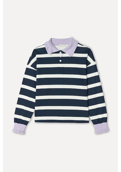 Mudo Kadın Kadın Ekru Çizgili Loose Fit Polo Yaka Sweatshirt 1271396