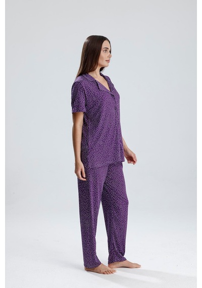 Kompedan Kadın Puantiye Desen Önden Düğmeli Pijama Takım Mor P. Mor
