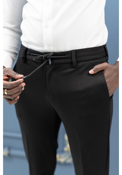 Ecer Regular Fit Armürlü Beli İplikli Astarsız Rayon Kışlık Kumaş Pantolon Siyah
