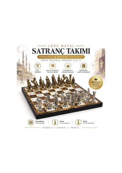 Lüks Metal Satranç Takımı Osmanlı Bizans Figürlü Krom Kehribar Mermer Desenli 20 X 20 Premium Hediye