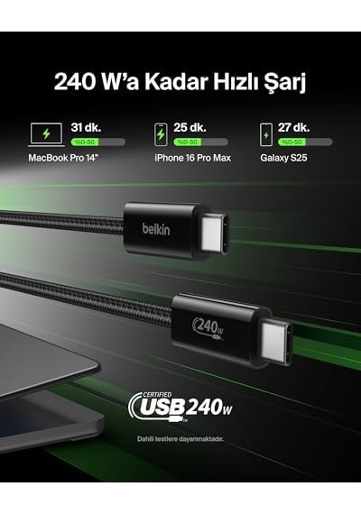 2&apos Li Örgülü Usb-c - Usb-c Kablo, 1,5 M, 240 W, Yumuşak, Esnek Ve Hızlı Şarj Kablosu, 17 Ve 16 Serisi, Galaxy S25, 10, İpad Pro Ve Daha Fazlasıyla Uyumlu, Siyah