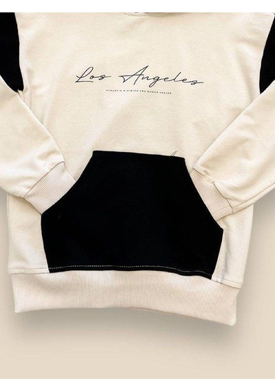 Ekkokids Erkek Çocuk Kapüşonlu Los Angeles Yazılı Pamuklu Sweatshirt-14694 Bej