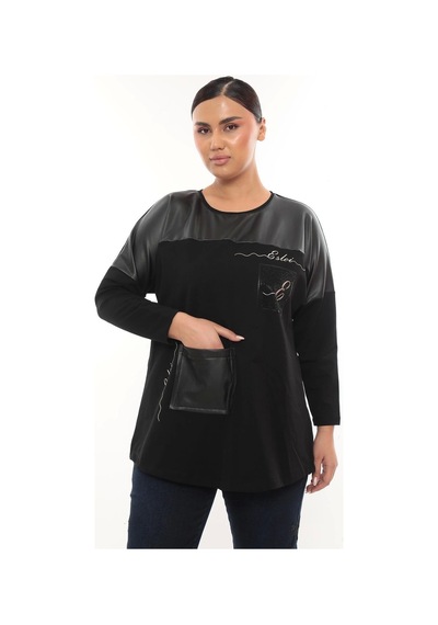 Lady Majestic Rahat Kalıp Büyük Beden Kadın Bluz Uzun Kol Taş Detaylı Siyah