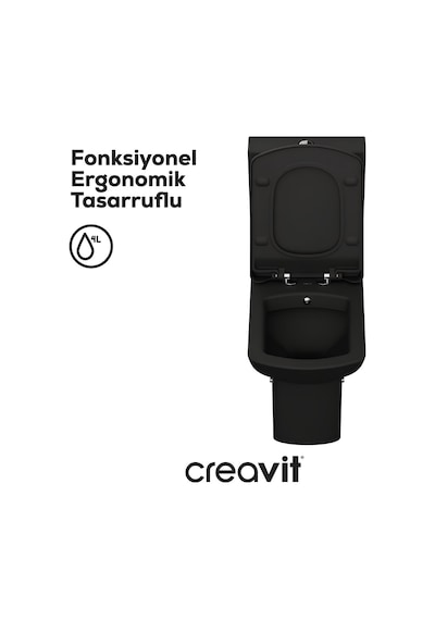Creavit Lara Kanallı Kömür Karası Duvara Sıfır Klozet Takımı Lr360, Creavit Lara Duroplast Yavaş Kapak Mat Siyah