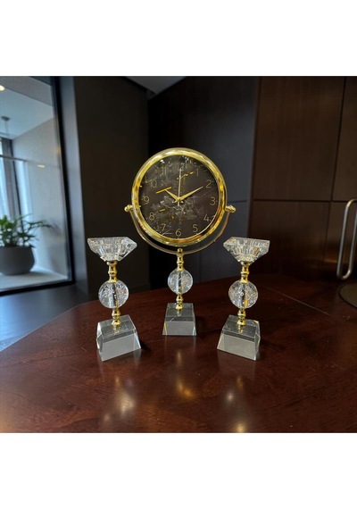 Crystal Gold Dekoratif Masa Saati Seti Lüks Cam & Metal Modern Salon Ve Ofis Aksesuarı Altın