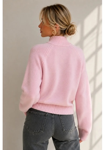 Park Karon Kadın Dik Yaka Reglan Kol Pamuklu Triko Kazak 8757sw Pembe