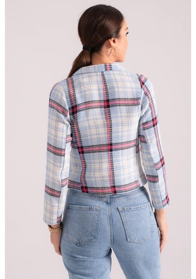 Armonika Kadın Mavi-fuşya Kruvaze Yaka Tüvit Crop Ceket Arm-24k001014
