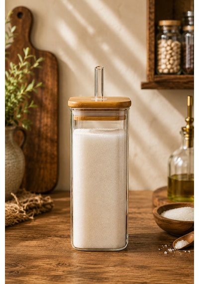 Porsima Cubes 2'li Bambu Kapaklı Borosilikat Cam Yağlık Ve Saklama Kabı Seti 525 Ml 9x18 Cm Cam Şeffaf