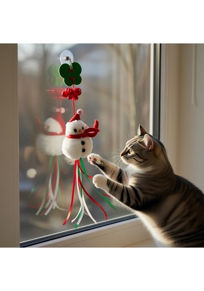 Madpet Noel Temalı Kedi Oyuncağı Kardan Adam Figürlü Uzun İp Püsküllü, Zilli Ve Askılı Yapı 2'li Pak