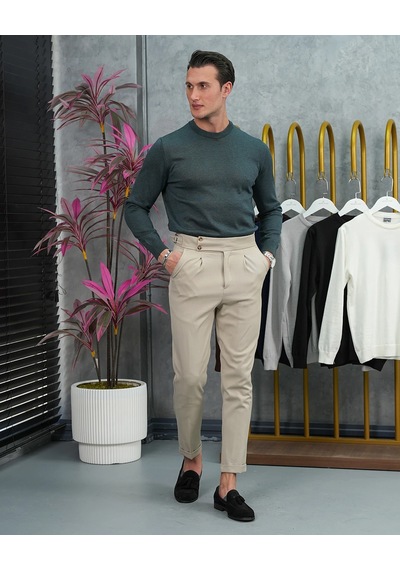 Modefendi Slim Fit Kalıp Pamuk Likra Sade Bisiklet Yaka Triko Kazak Yeşil