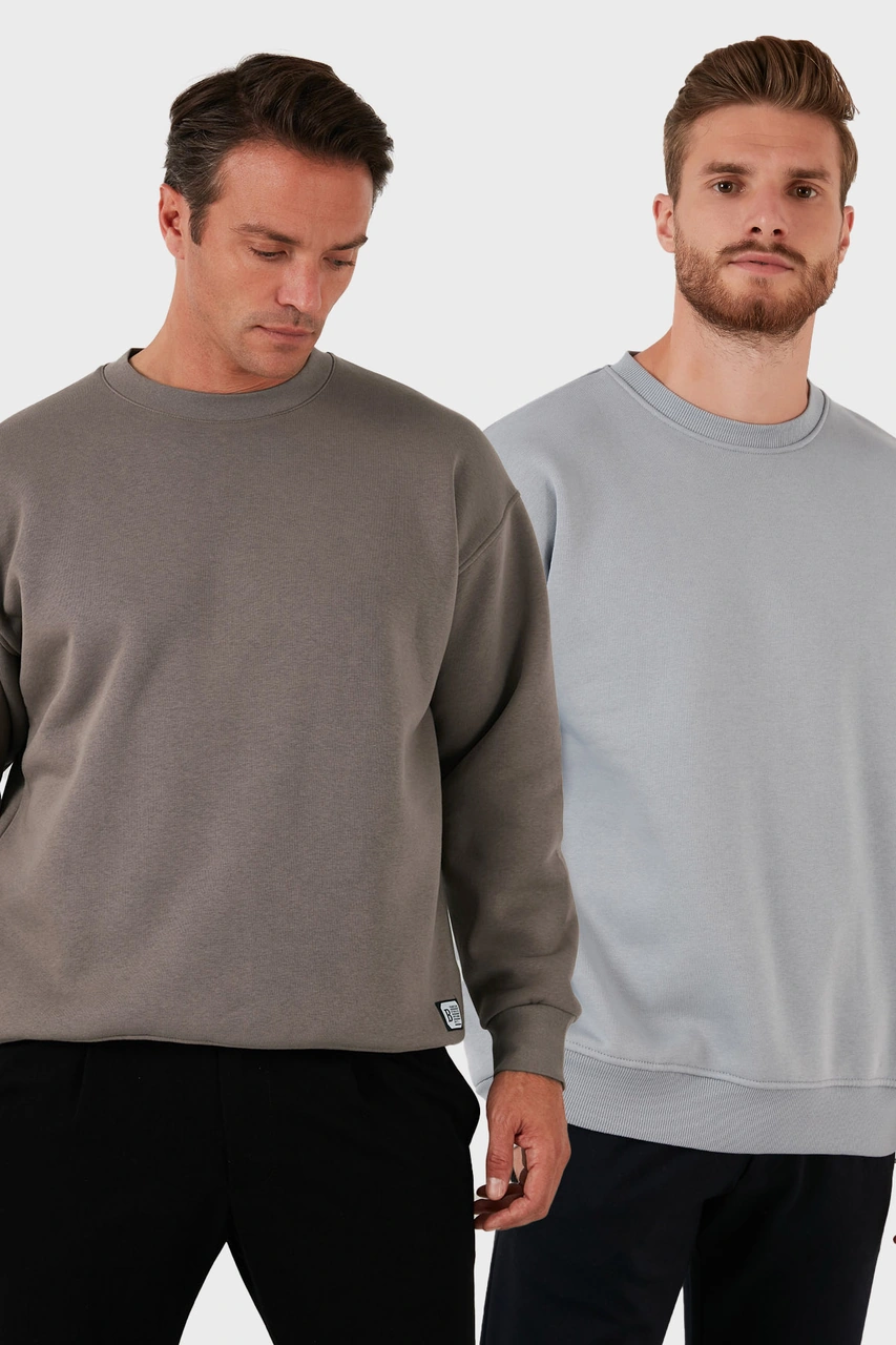 Buratti Regular Fit Bisiklet Yaka Şardonlu 2'Li Paket Erkek Sweat 5905255S2 Toprak-Açık Gri