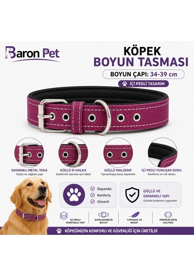 Pedli Köpek Boyun Tasması 34-39 Cm 2 Cm İçi Pedli Metal Tokalı D Halkalı - Mürdüm Çok Renkli