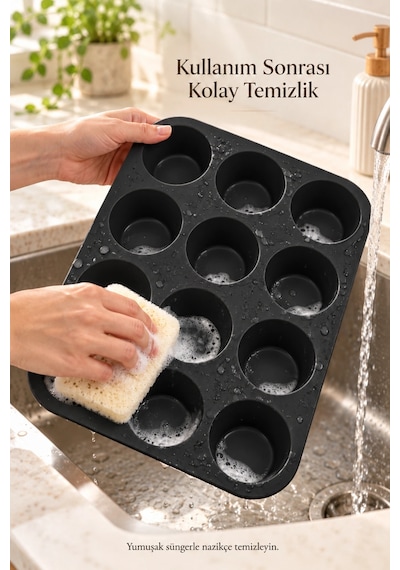 Tilbe Home Tilbe Home 12'li Silikon Muffin Kalıbı Yapışmaz Cupcake Kek Kapsül Brownie Mutfak Fırın T Siyah