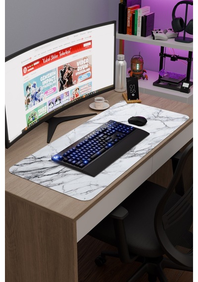 Beyaz Mermer Kaymaz Dikişli Kauçuk Oyuncu Mousepad V3 - 90x40 Xxl Gaming Mouse Pad Fare Altlığı