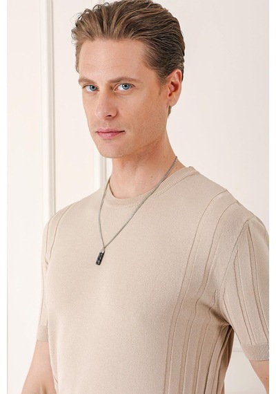 Efor Slim Fit Bisiklet Yaka Kısa Kol Bej Triko Tr 869 Bej