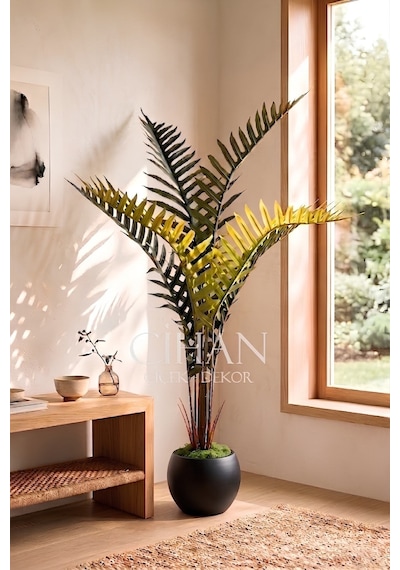 Yapay Premium Areka Palmiyesi Ağacı 150 Cm 7 Yapraklı - 27x33 Küre Plastik Saksılı Beyaz