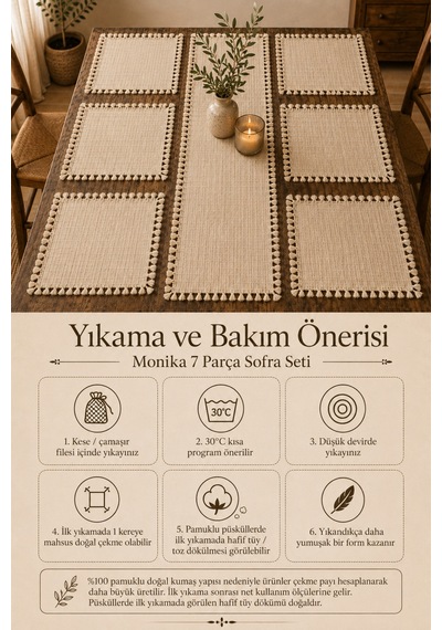 7 Parça Monika Sofra Seti 1 Runner 6 Amerikan Servis Supla %100 Pamuklu Buldan Kumaşı Püsküllü Bohem Bej