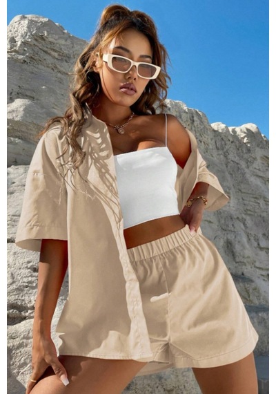 Cool Tarz Kadın Oversize Gömlek Şort Takım Yazlık 2 Li Kombin Rahat Kesim Bej