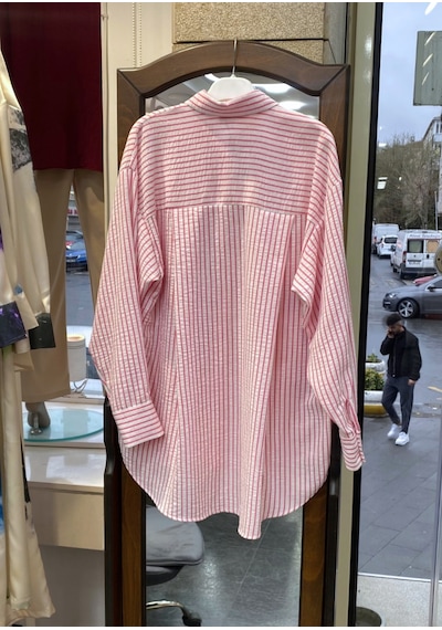 Pera Moda Çift Cepli Arkası Uzun Önü Kısa Luna Keten Çizgili Oversize Gömlek Pembe
