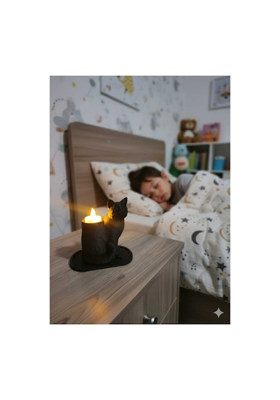 Siyah Mozaik Dekoratif Kedi Biblo Led Mumlu Şık Ev Ofis Masaüstü Mumluk Led Mum Hediye 14 X 12