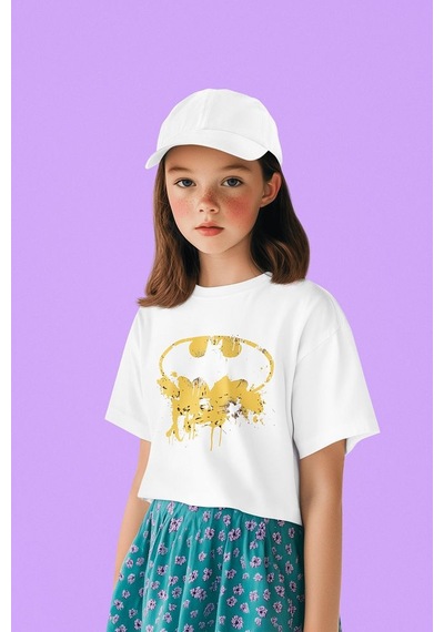 Sevbano Tasarım Batman Logo Baskılı Unisex Film Çocuk Tişört 1-12 Yaş Beyaz