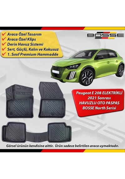 Peugeot E 208 Paspas Elektrikli Araca Özel 2021 Sonrası İçin Derin Havuzlu Paspas Bosse North Serisi