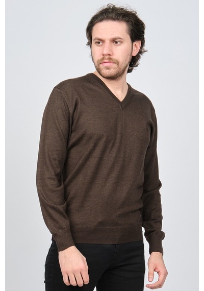 Woolen World Erkek V Yaka Desenli Yün Kazak 5597802 Kahverengi Kahverengi