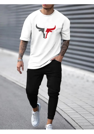 Uyguntarz Unisex Boğa Baskılı Eşofman Takımı Beyaz