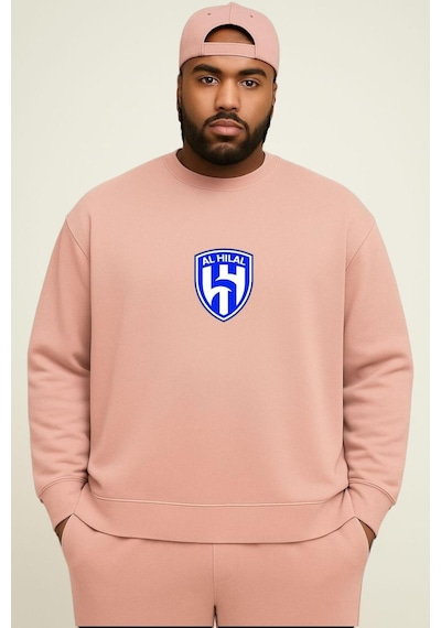 Benroma 3 İplik Penye Al Hılal Baskılı Büyük Beden Unisex Sweatshırt Pembe