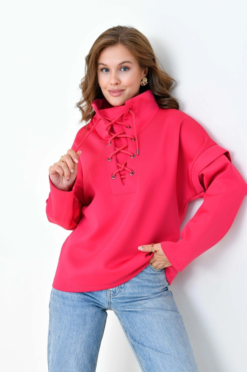Kadın Yakası Bağcıklı Scuba Oversize Spor Şık Tasarım Sweatshirt Fuşya
