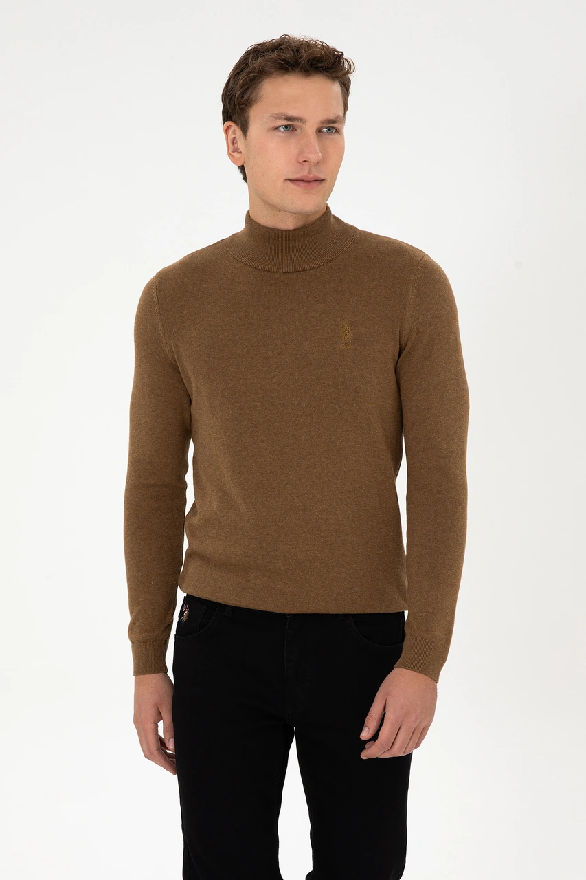 U.S. Polo Assn. Erkek Slim Fit Yarım Balıkçı Yaka Haki Melanj Basic Kazak 50307783-VR125