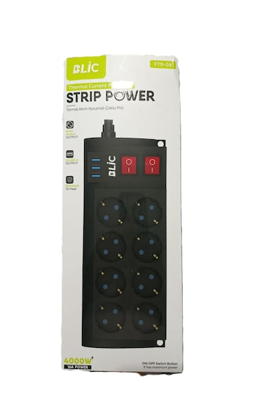 Termal Akım Korumalı Çoklu Priz Blic Ftr-08 4000w 8ac-3x Usb Işıklı Power 0.2 M
