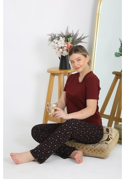 Akbeniz Kadın Kısa Kol Pamuk Penye Pijama Takım Bordo 4214-bordo Bordo