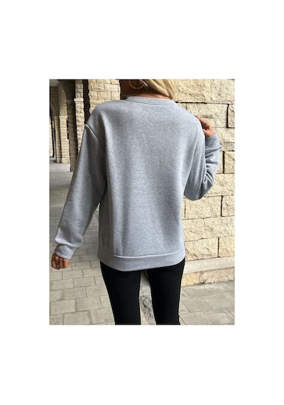 Caddekombin Kadın Büyük Kurdele Detaylı Bisiklet Yaka İçi Yünlü Gri Sweatshirt Gri